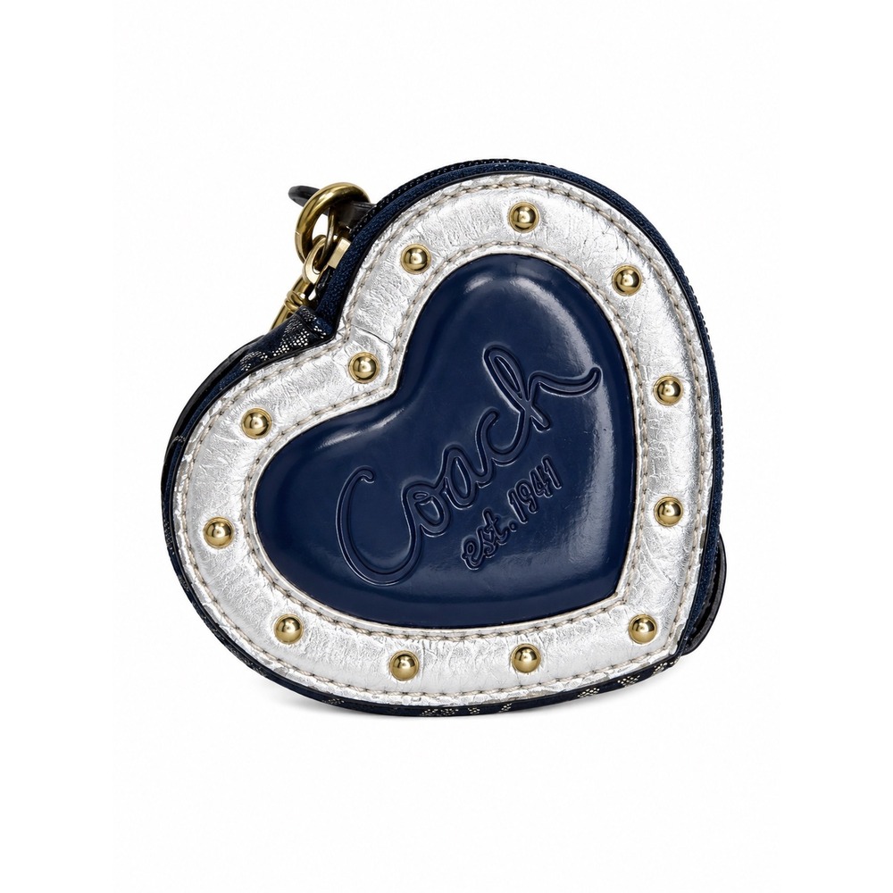 Coach Heart Coin Purse Navy Patent Leather Silver Studded Wristlet Key Ring